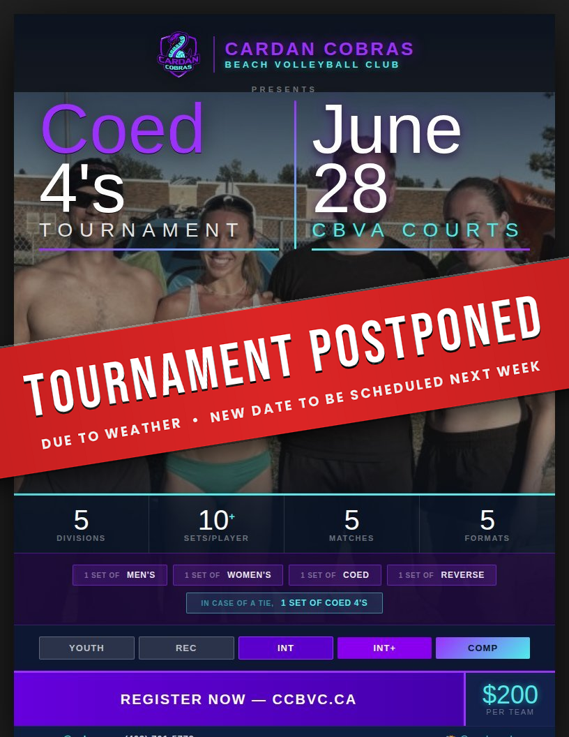 Cardan Cobras Coed 4's Tournament — POSTPONED due to weather, new date to be scheduled